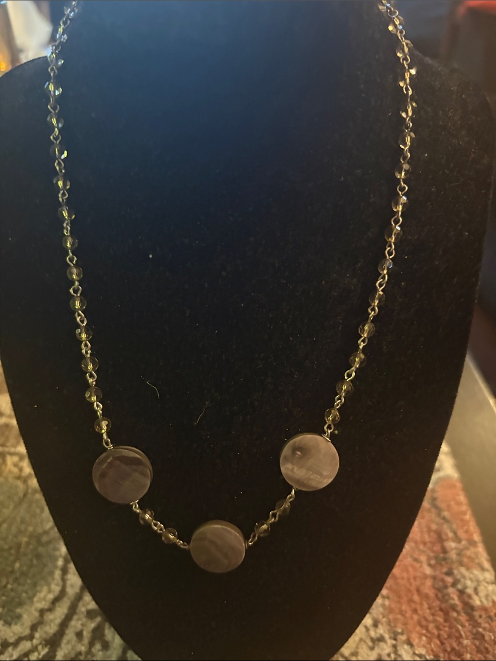 Delicate Gray Bead Necklace with Three Disc Accents